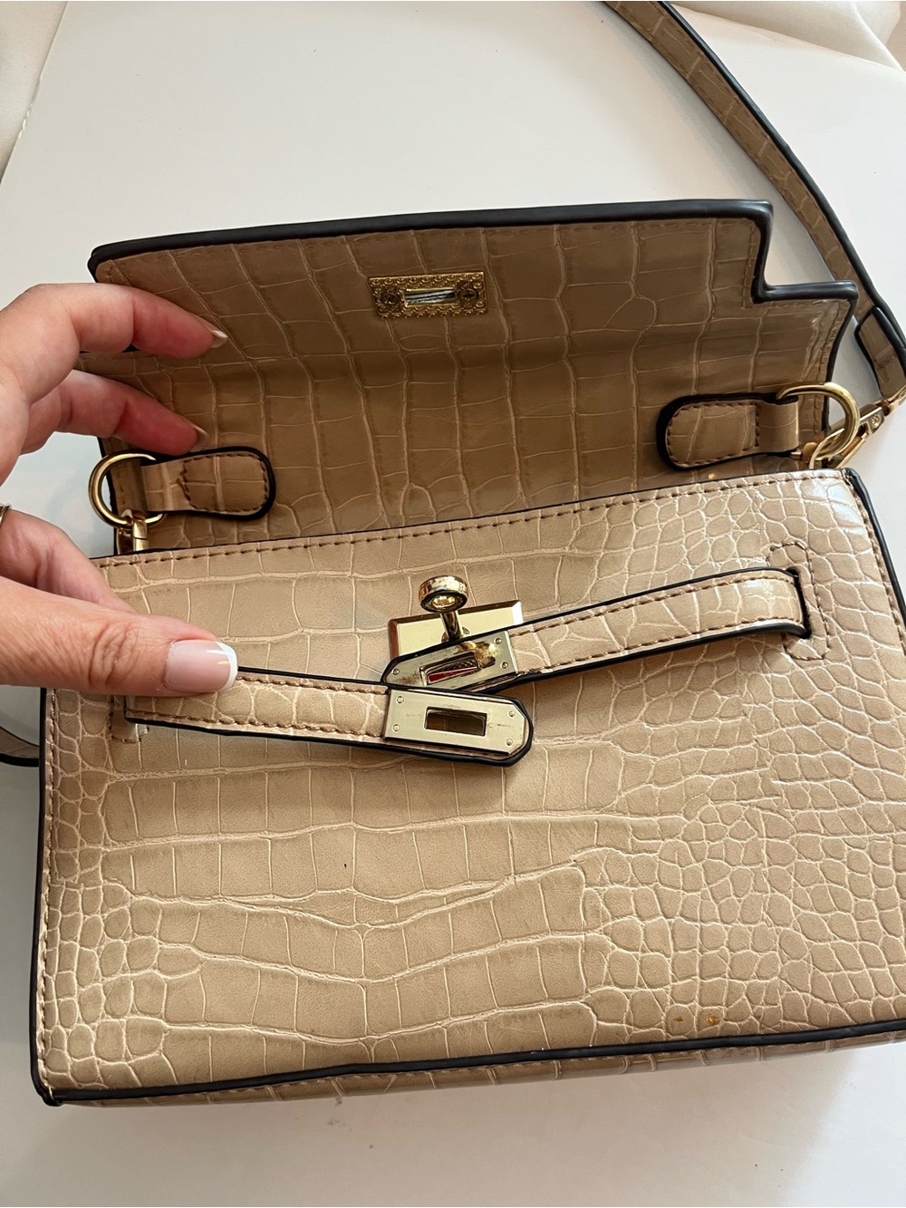 Taupe Croc Embossed Top Handle Crossbody Satchel Bag - Picture 11 of 14